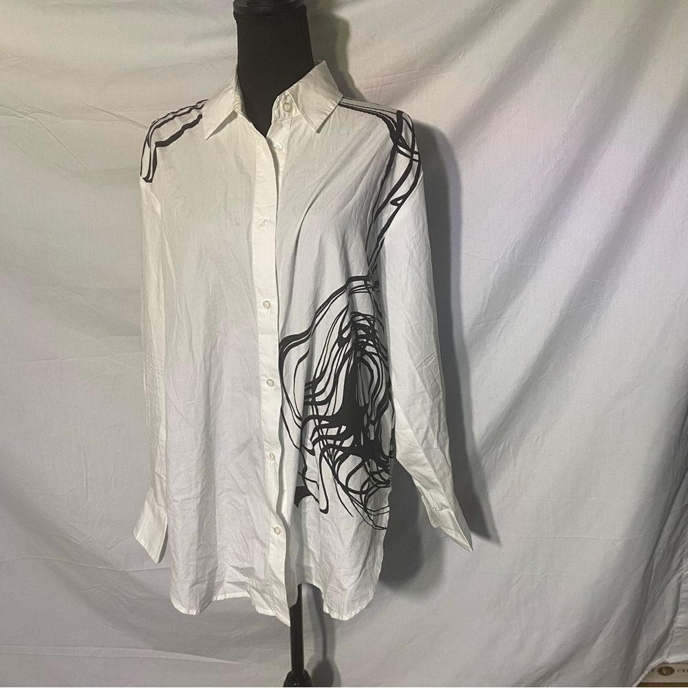 Desigual White Button-Down Shirt with Black Abstract Print